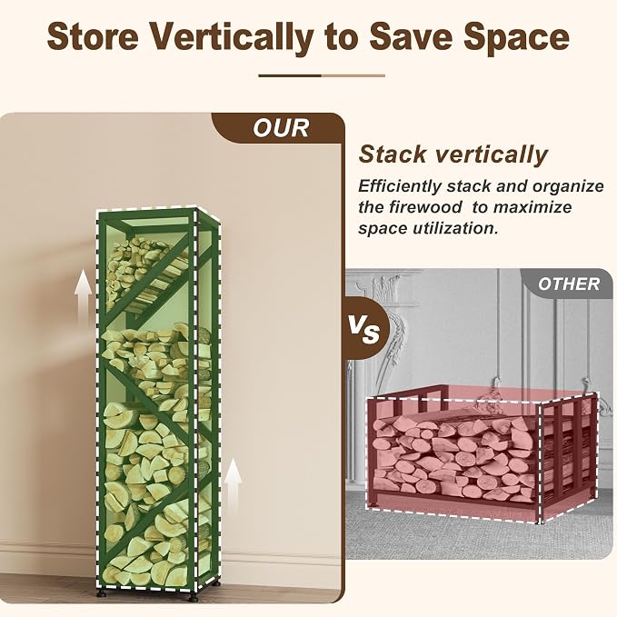 Firewood Rack Indoor 47 Inch Tall, 4-Tier Heavy-Duty Firewood Holder for Fireplace with Minimalist Style, Decorative Log Rack, Flexible Storage, Space-Saving, Easy Assembly, Black