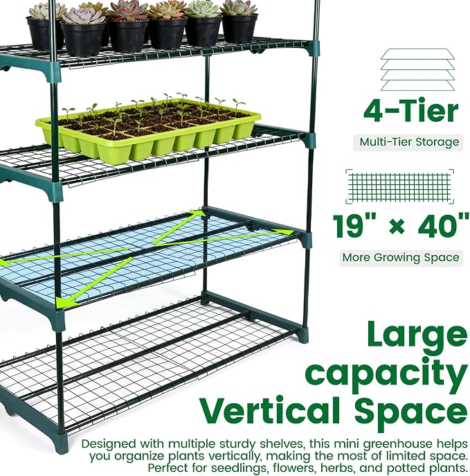 Worth Garden 50% Extra Wide Mini Greenhouse 4 Tier Portable Plant Green House 40in Wide -Sturdy Gardening Shelves with PVC Cover - Indoor & Outdoor Wheatgrass Growing - 19″x40″x63″