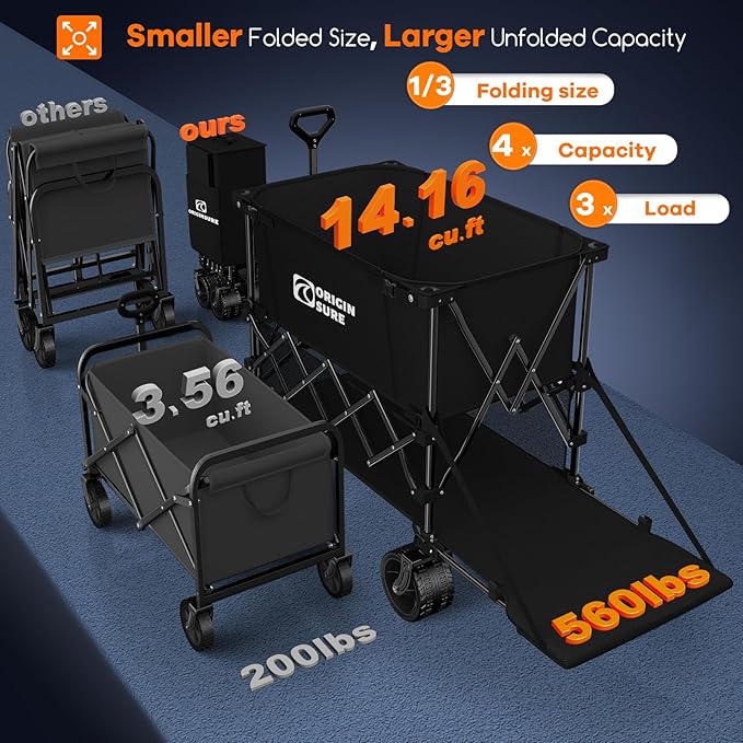 Originsure 400L Double Decker Wagon Collapsible with 54" L Tailgate, 560lbs Heavy Duty Carts Foldable, Extra Large Folding Beach Wagon with Big All-Terrain Wheels for Camping, Sports, Groceries, Black