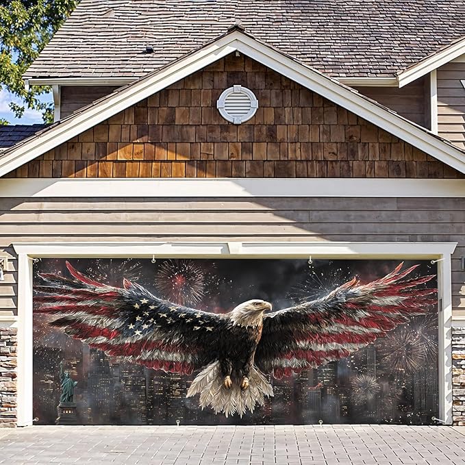 6 * 13FT Eagle flag Garage Door Cover Decorations Independence Day Garage Door Banner for Outdoor Indoor Patriot Party Photography Backdrop