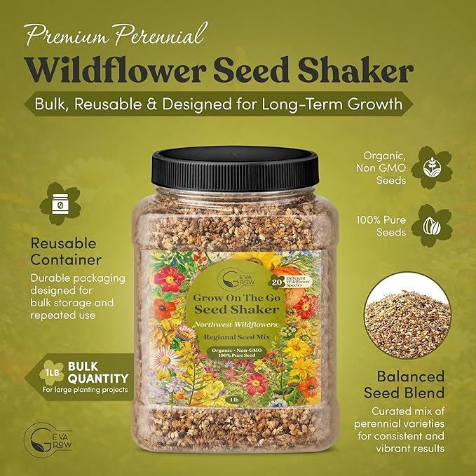 Geva Grow Northwest Wildflower Seeds Regional Mix - Organic, Non-GMO - 100% Pure Seed - 20 Different Wildflowers Seeds of Annual and Perennial, 1 LB Tub