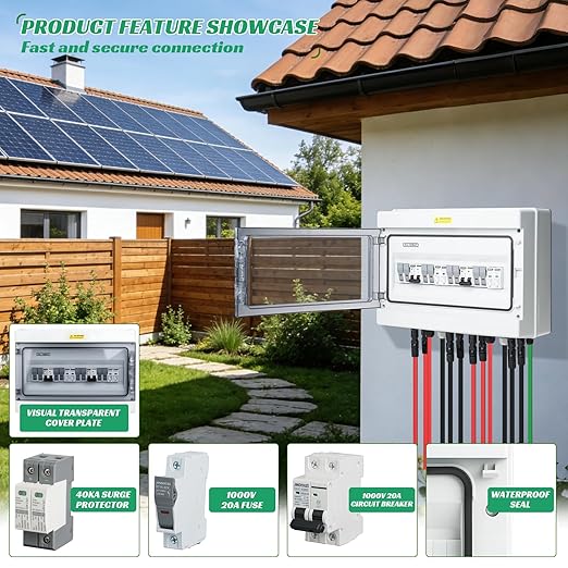 4 in 2 Out Solar Combiner Box,PV Combiner Box with 20A PV Fuse,DC 40A Circuit Breaker and Surge Protector,IP65 Solar Disconnect Switch Box for Indoor Outdoor Solar Panel System (4 in 2 Out 20A 1000V)