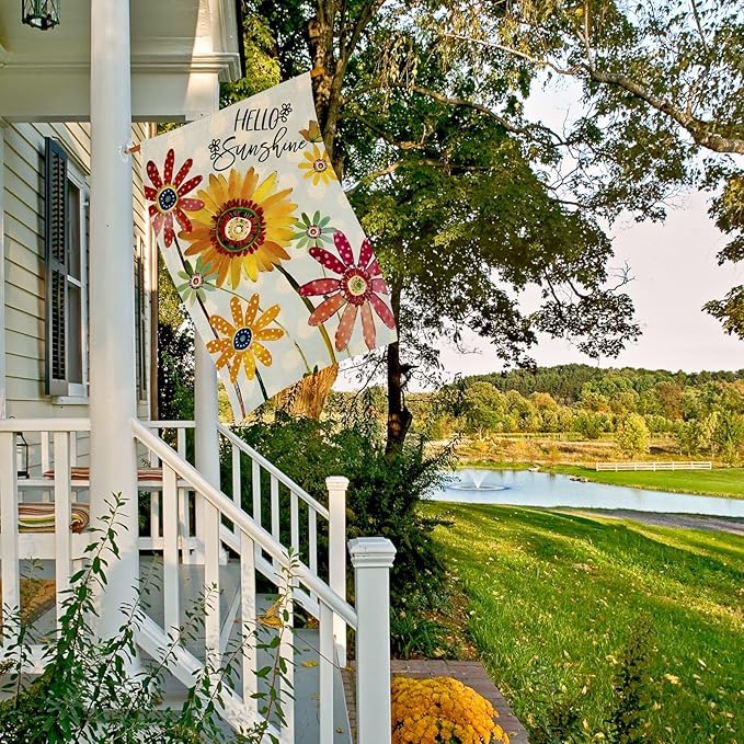 Summer Flowers House Flags for Outdoor, Hello Sunshine Sunflower Daisy Yard Flags for Outside,Seasonal Decorative Flag for Spring Farmhouse Holiday Decoration 28x40 Inch Double Sided