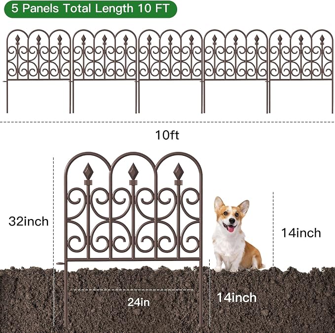 AMAGABELI GARDEN & HOME 5 Panels 32in(H)×10ft(L) Decorative Garden Fences and Borders for Dogs No Dig Metal Fence Panels Garden Edging Border Fence for Animal Barrier Fencing for Flower Beds Brown
