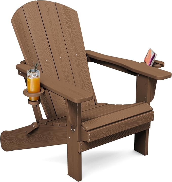 SERWALL Folding Adirondack Chair with Dual Cup Holder,1 Pack-Classic,Brown