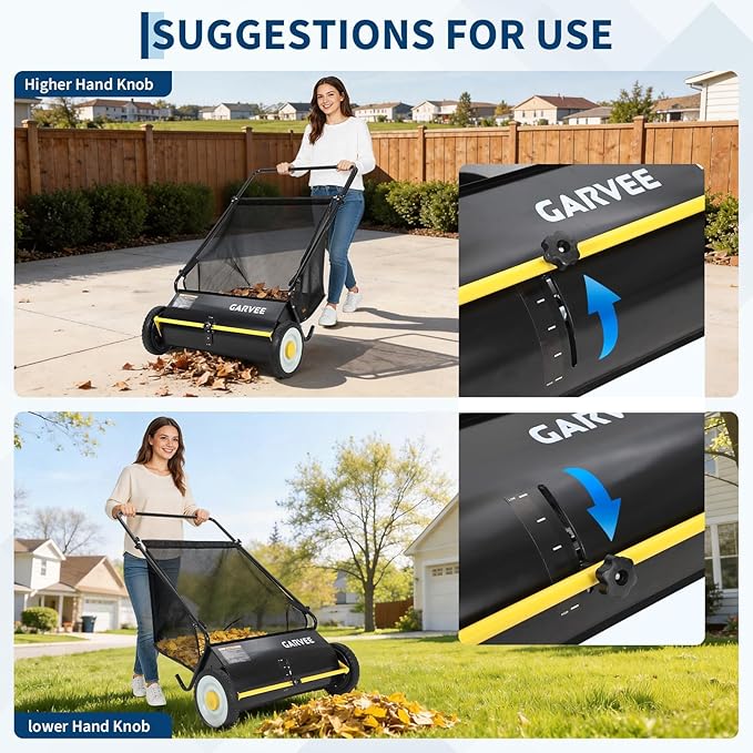 Efficient 21-Inch Push Lawn Sweeper – Thickened Steel Frame, 4 Spinning Brushes, Strong Rubber Wheels, Large 3.5 Cu.Ft Pusher, Manual Leaf & Grass Collector – Black with Yellow Hubcaps and Crossbar