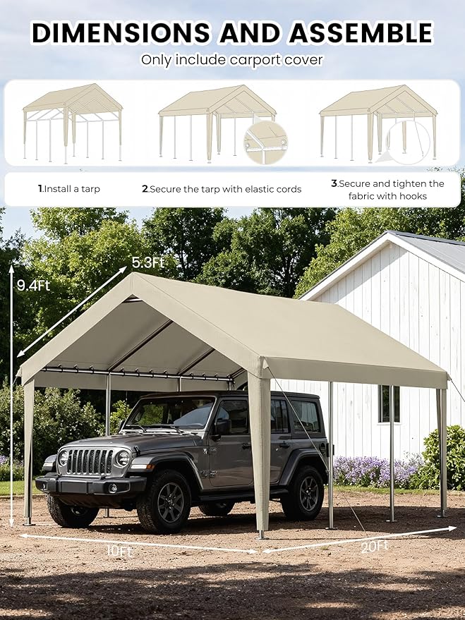 10 x 20 Ft Carport Replacement Cover, Heavy Duty Outdoor Car Tarp Canopy, Waterproof & UV Protected Tear Oxford Tarp with Ball Bungees (Frame is Not Included)