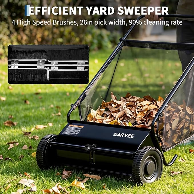 26 Inch Push Lawn Sweeper, 7 Cu. ft Grass Cutter, 4 High-Speed Spinning Brushes, Durable Steel Construction, Walk-Behind Leaf & Grass Collector for Yard Cleanup
