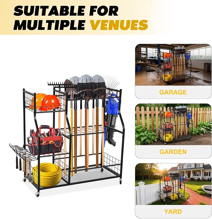 Garden Tool Organizer Rolling Cart Large Capacity Rust-Resistant Metal Tool Cart with Wheels Hooks Garage Shed Yard Outdoor Storage Rack Suitable for Long-Handled Tools/Rakes/Shovels