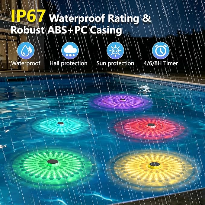 Solar Floating Pool Lights, 2026 Upgrade 2-Pack Solar Pool Lights for Above Ground & Inground Pools, 57 Lighting Modes, IP67 Waterproof, 3 Timers, 3000mAh, for Pool Parties, Backyard, Pond & Bathtub