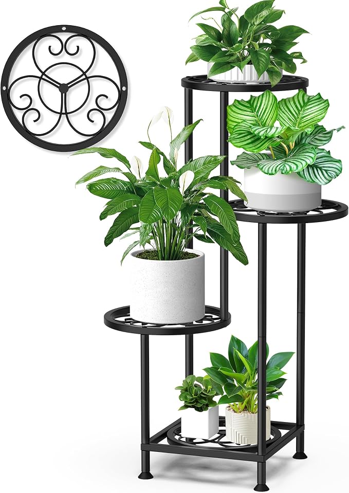 4 Tier Plant Stand Indoor Outdoor, Metal Flower Shelf Display Holder, Multiple Plants Corner Tall Flower Holders for Patio Balcony Porch Garden Living Room (Heart Black)