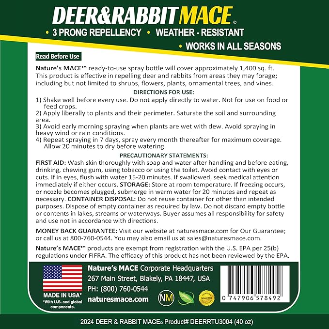 Nature’s Mace Deer and Rabbit MACE, Deer Repellent Spray For Plants, 40oz Ready-To-Use, Deer Deterrent, For Home & Garden, Protect Plants Fast, Keep Deer Out, Safe Around People, Pets, Plants, Produce