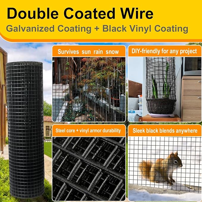 Black Hardware Cloth 1/4inx36inx100ft, Chicken Wire Fencing, 19Gauge, Vinyl PVC Coated Mesh, Welded Wire mesh, Perfect for Gopher Wire, Rodent Mesh, Tree Guard, Chicken Coop