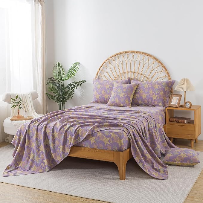 FADFAY Beach Theme Sheets Set King Purple Yellow Starfish Ocean Bedding Coastal Nautical Bedding Super Soft Washed Double -Layer Muslin Sheets 100% Cotton Deep Pocket Fitted Sheet 4Pcs, King Size
