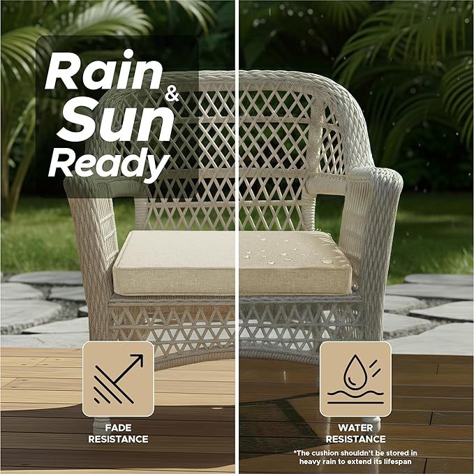 Outdoor Chair Cushions, Water-Resistant & Fade-Resistant, Patio Furniture Square Seat Replacement Chair Pads with Ties Zipper, Removable Cover, Non-Slip Bottom, Set of 6, 24 x 24 Inch, Beige