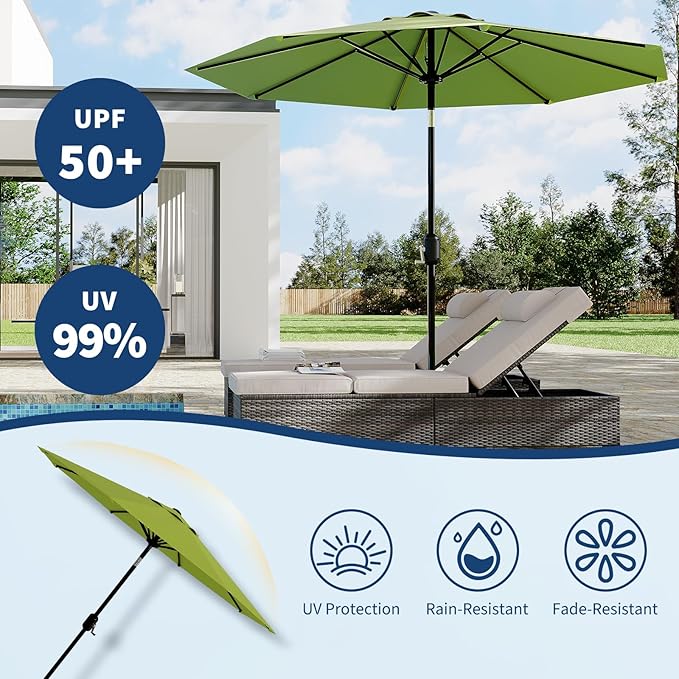 Garvee 9 ft Outdoor Patio Umbrella 8 Sturdy Ribs Outdoor Table Umbrella with Crank Lift & Push Button Tilt - UV Protection Waterproof Market Umbrellas for Pool, Deck, Yard, Garden, Grass Green