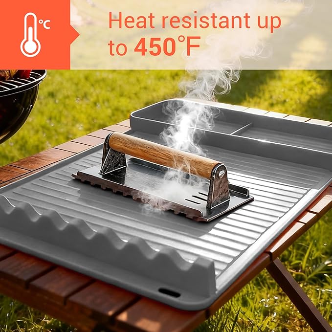 2Pack Silicone Grill Mat for Blackstone - 16x11.5 Inch Non-Slip Tool Mat with Sauce Drip Pad & Wavy Grip, Outdoor BBQ Accessories & Gifts for Men, Dad, Grilling （Grey）