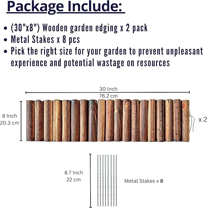 LaLaGreen Wooden Fence Panel (30"x8", 2 Pack) Brown Wood Decorative Flower Bed Landscape Fencing with Metal Stakes, Garden Edging Border for Lawn Yard Patio Pathway Tree Rings Barrier Outdoor Decor