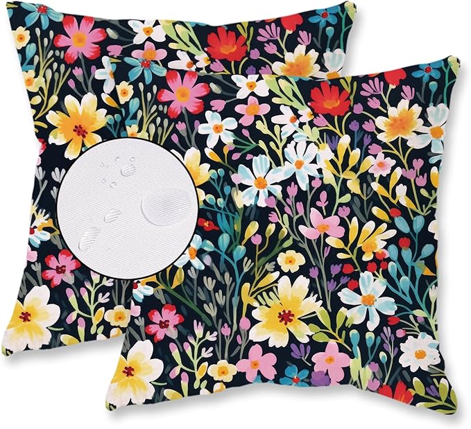 HOMFREEST Outdoor Floral Throw Pillow Covers 16x16 Inch Set of 2 Black Waterproof Flowers Decorative Spring Summer Holiday Patio Cushion Cases for Patio Furniture Garden