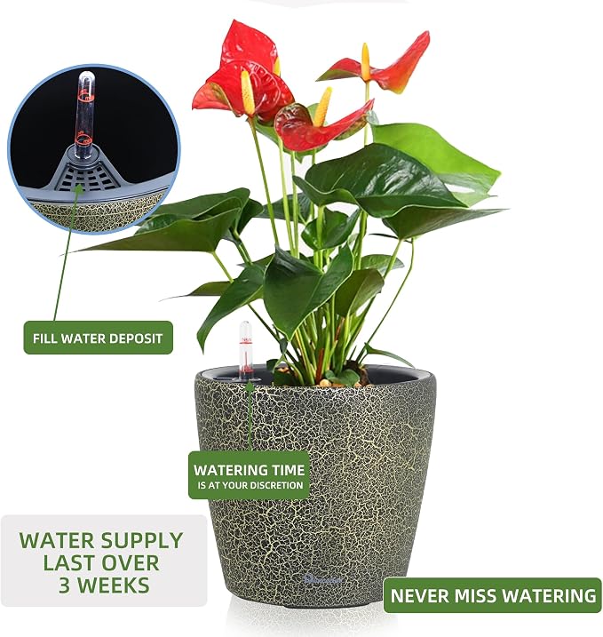 Dexceder 9x8 Self Watering Planter (Black Gold Crackle) | Inner Pot Design, Thickened Table Flower Plant Pot with Water Level Indicator Indoor Outdoor