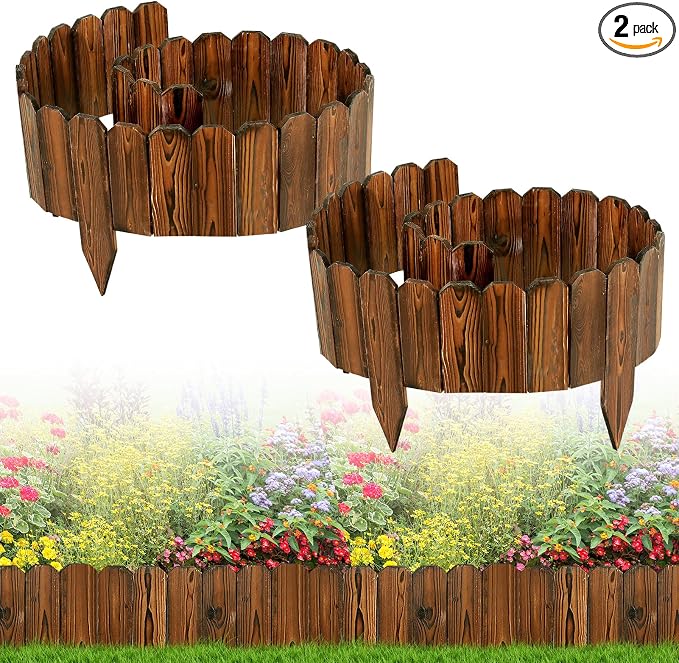 Rustic Pine Wood Landscape Edging - 15.6ft Total Length (2Pcs 7.8ft L x 8in H) Garden Fence Border, Easy to Install Sturdy Wooden Planter Fencing for Yard Flower Bed Lawns Pathway Tree