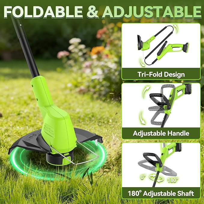 GOODJOB 20V 12" Cordless Weed Wacker, 3.5LBs Ultra-Lightweight Weed Eater, 180° Pivoting Head 3-in-1 String Trimmer & Lawn Edger with (2) 2.0Ah Batteries and Auto-Feed for Non-Stop Yard Work