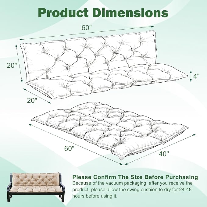 Porch Swing Cushions, 60x40 Inch Swing Cushions for Outdoor Furniture, Waterproof 3 Seater Patio Seat Cushion with Backrest, Replacement Bench Cushion for Glider, Settee, Beige