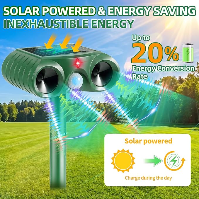 2026 Upgraded Solar Ultrasonic Animal Repellent Sonic Deer Repellent Devices Cat Deterrent Outdoor with Motion Sensor to Keep Raccoon Squirrel Rabbit Dog Away from Yard Lawn Garden 4 Pack