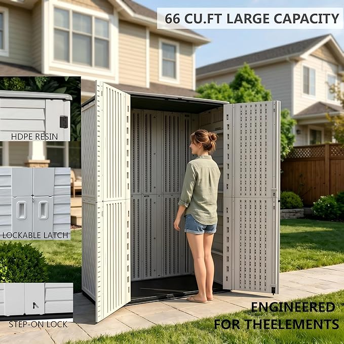 Outdoor Storage Shed 66 cu.ft, Waterproof Resin Vertical Cabinet Double-Layer for Patio Furniture, Garden Tools, Lawn Mower, Pool Accessories, UV Resistant for Yard Balcony – Shelves Not Included