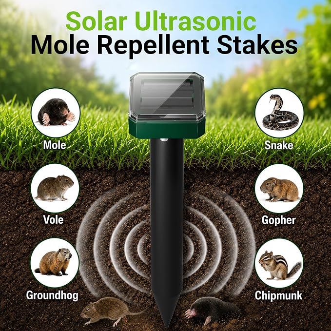 8 Pack Mole Repellent Solar Powered, Gopher Repellent Ultrasonic for Lawns, IP65 Waterproof Mole Deterrent for Yard, Outdoor Pest Control for Groundhog, Vole, Armadillo, Chipmunk, Snake