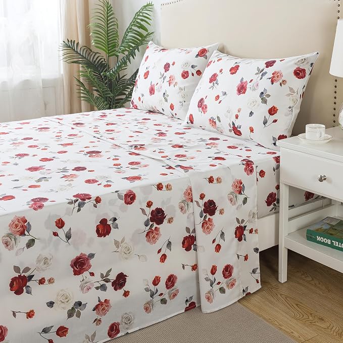 FADFAY Rose Sheets Set Cal King Vintage White Floral Bedding Red Rose Bed Sheets Shabby Farmhouse Bedding 100% Egyptian Cotton 800 Thread Count Deep Pocket Fitted Sheet 4Pc, California King Size