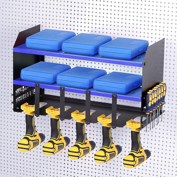 HARFINGTON Power Tool Organizer 3 Layers 5 Drill Storage Racks Wall Mount Style Garage Tool Shelf for Power Tools and Hand tools, 20"x9", Blue