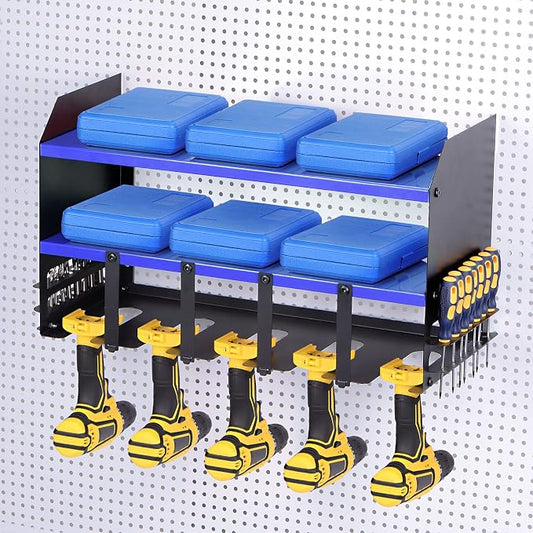 HARFINGTON Power Tool Organizer 3 Layers 5 Drill Storage Racks Wall Mount Style Garage Tool Shelf for Power Tools and Hand tools, 20"x9", Blue