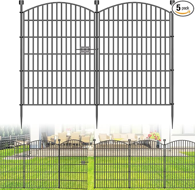 No Dig Decorative Garden Fence 5 Panels with Gate, 40 in (H) x 11.8 ft (L), Dog Fence Outdoor for Yard，Rustproof Metal Animal Barrier Ground Stakes Fencing for Garden, Patio, Flower Bed