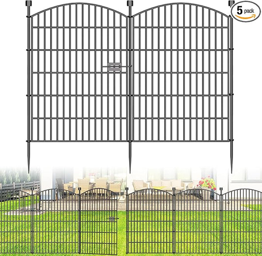 No Dig Decorative Garden Fence 5 Panels with Gate, 40 in (H) x 11.8 ft (L), Dog Fence Outdoor for Yard，Rustproof Metal Animal Barrier Ground Stakes Fencing for Garden, Patio, Flower Bed