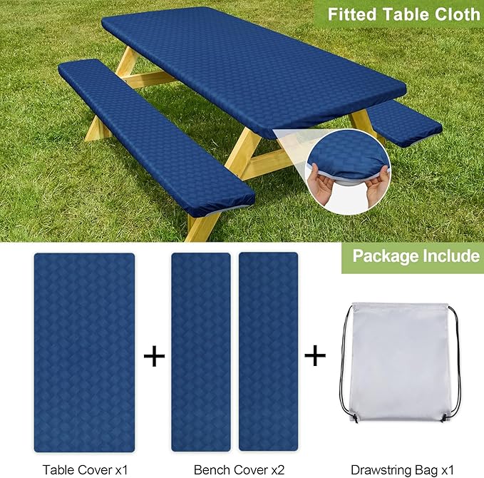 Picnic Table Cover with Bench Covers Camping Essentials Waterproof Windproof Camping Tablecloth with Drawstring Bag, Fitted Rectangle Tables and Seats, 96in, Deep Blue