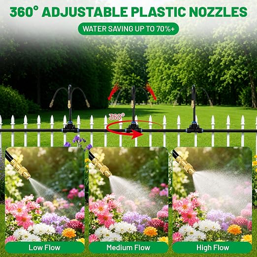 360° Adjustable Micro Drip Irrigation System, 16 Brass Sprinkler Heads & Bendable Stems, Automatic Watering Kit with 1/4" Tubing for Raised Bed, Lawn, Vegetable & Outdoor Plants (200ft)