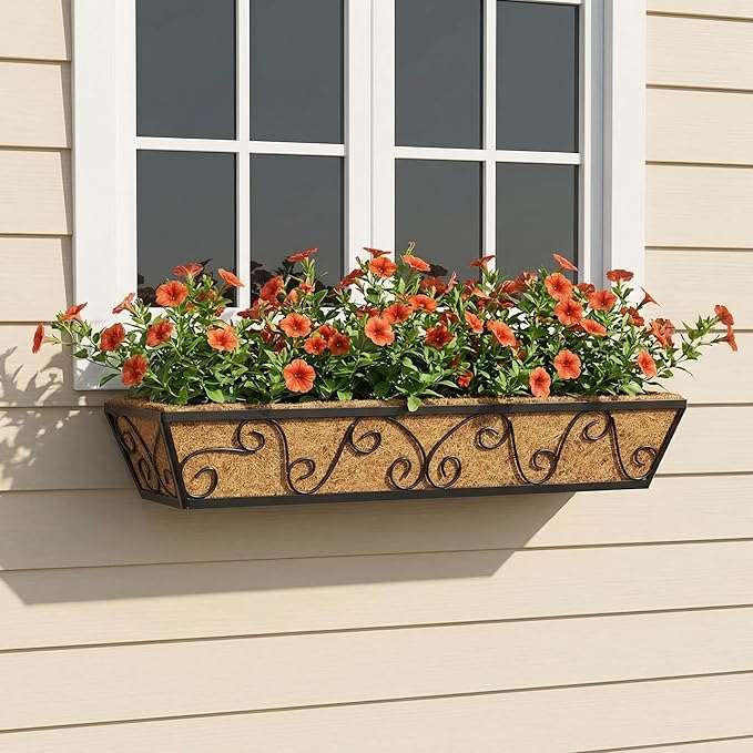 Y&M 30 Inch Window Deck with Coco Liner, Fence Metal Hanging Flower Planter Window Basket Deck Railing Planter Boxes for Outdoor Garden Lawn-Butterfly, 6pcs