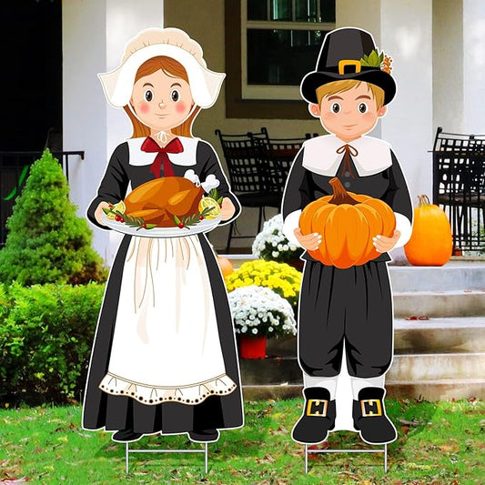Capoda Large Thanksgiving Pilgrim Yard Sign Pilgrim Boy and Girl Pumpkin Turkey Outdoor Decoration Happy Fall Lawn Sign with H Stands for Autumn Thanksgiving Garden Decor, 33 x 12.6 Inch