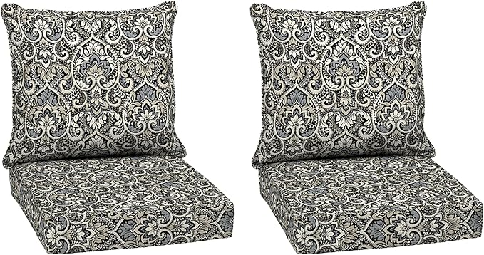 Arden Outdoor Deep Seat Cushion Set (2-Pack), 24 in x 24 in, Weather-Proof, Rain-Proof, Fade Resistant Patio Cushion for Chair, Sofa, and Couch Black Aurora Damask