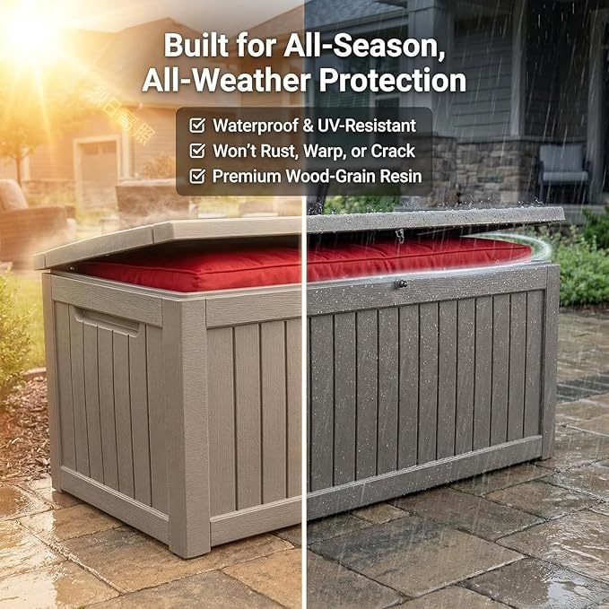 180 Gallon Resin Deck Box with Lockable Lid - Outdoor Waterproof Storage for Patio Furniture, Garden Tools, Cushions & Pool Accessories, All-Weather Wood Grain Design