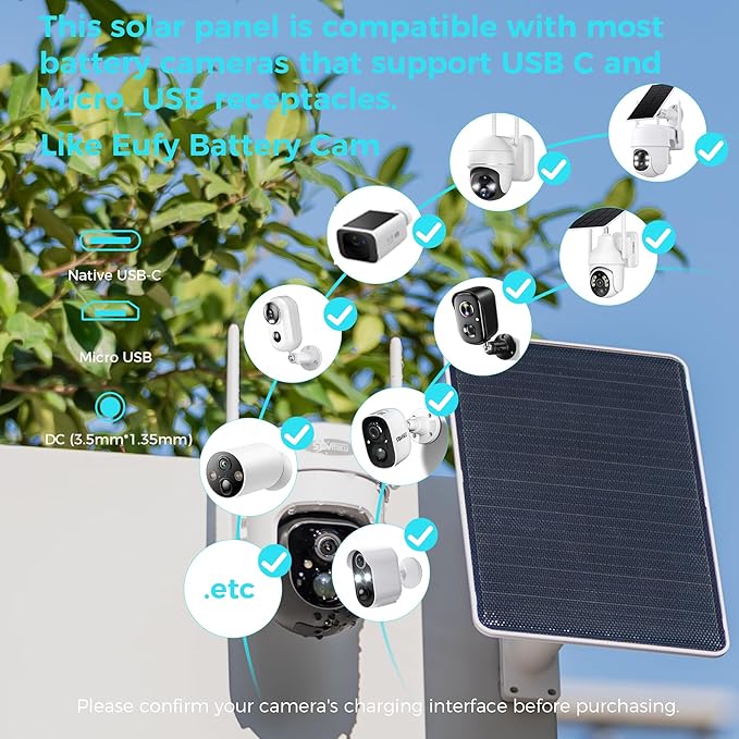 5V 8W Solar Panel for Security Camera, for Bird Feeder, 4G AOV Trail Cam, Ring Tapo Eufy Vicohome Eseecloud, Native USB-C, Micro-USB & DC 3.5mm*1.35mm, 23% Conversion, 9.8 Ft, 260 Days Care Plan