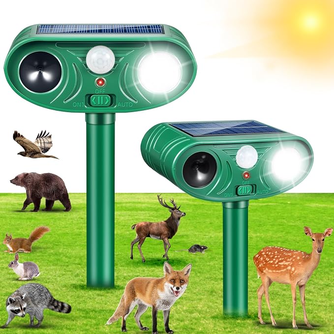 2026 Upgraded Solar Animal Repellent Outdoor 2 Pack – Ultrasonic Deer Deterrent Devices with Motion Sensor Strobe Light, IP65 Waterproof Cat Raccoon Rabbit Squirrel Repeller to Protect Yard Garden