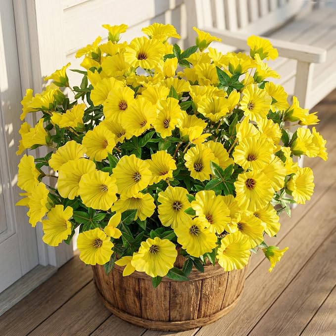 Yellow Artificial Morning Glory Flowers for Outdoor Planters, Premium UV Resistant Silk Faux Flowers for Porch, Hanging Basket & Window Box, Spring Garden Decor, No Pot, 13.3 Inch, 8 Bundles