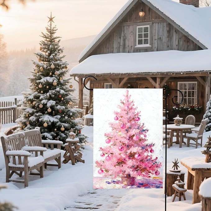 Christmas Garden Flag 12x18 Inch Pastel Pink Xmas Tree Ball Winter Holiday Decorative Yard Flags for Outside Double Sided Seasonal Outdoor Home Farmhouse Decoration Porch New Year Decor