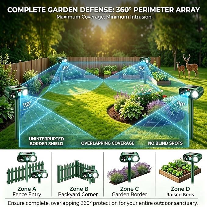4Pack Upgraded Deer Repellent Devices Solar Ultrasonic Animal Repellent Outdoor with Motion Sensor Strobe Light for Squirrel Raccoon Rabbit Cat Deterrent Sonic Fortress Pro Keep Pests Out of Yard Farm