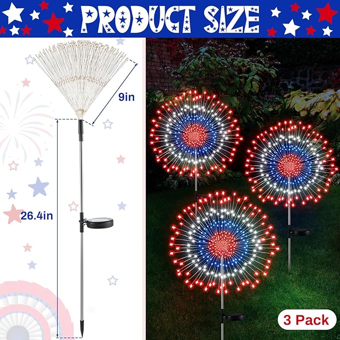 Tujoe 3 Pcs 4th of July Solar Firework Lights Patriotic Solar Light Outdoor Garden 120 LED 8 Modes Waterproof LED Sparkler Light for 250th Anniversary Patio Yard Pathway Walkway (Patriotic Colors)