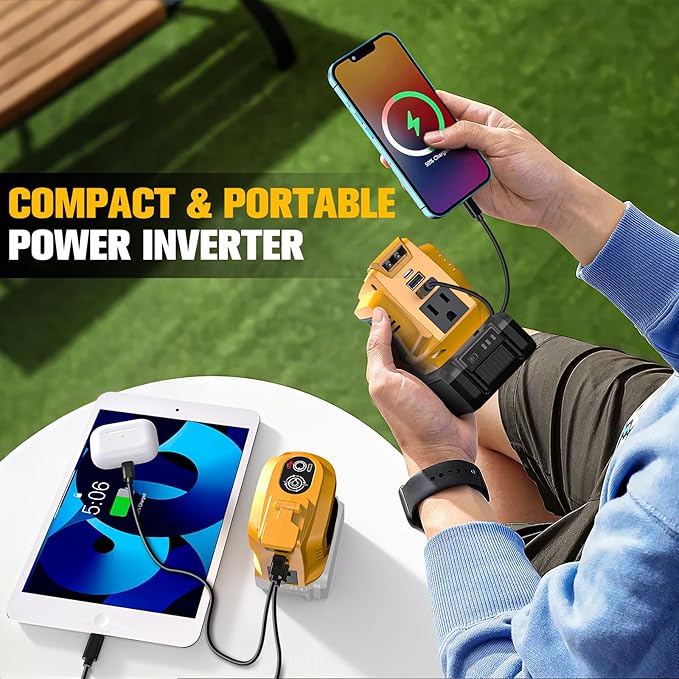 Ecarke 200W Portable Power Inverter Compatible with DeWALT 20V Battery, DC 18V to AC 110V Power Station with 1 AC Outlet, 2 USB, 1 Type-C & LED Light, for Outdoor Emergency Use (No Battery)(2-Pack)