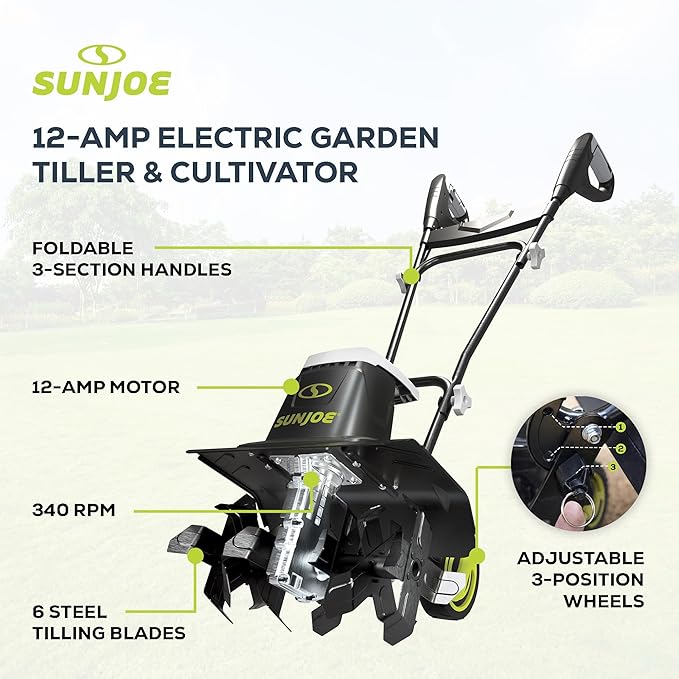 Sun Joe Corded Electric Garden Tiller & Cultivator with Steel Tines, 16 Inch, 12-Amp Motor - Heavy-Duty Tilling Machine for Lawn, Yard, and Gardening Care, TJ603E