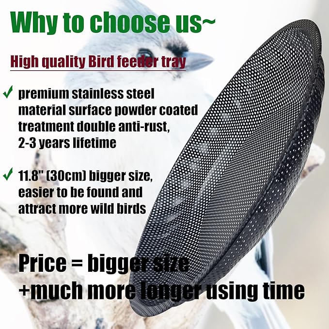 CQAIRIOU Premium Hanging Bird Feeder Tray,Size 11.8” Large Platform Bird Feeder Stainless Steel Mesh Tray,Wild Bird Feeder for Outside Hanging Seed Platform